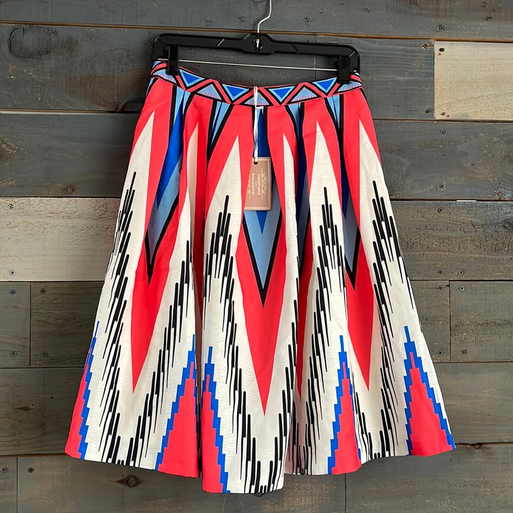NWT Anthropologie Champagne and Strawberry Aztec Geometric Print Full Skirt M